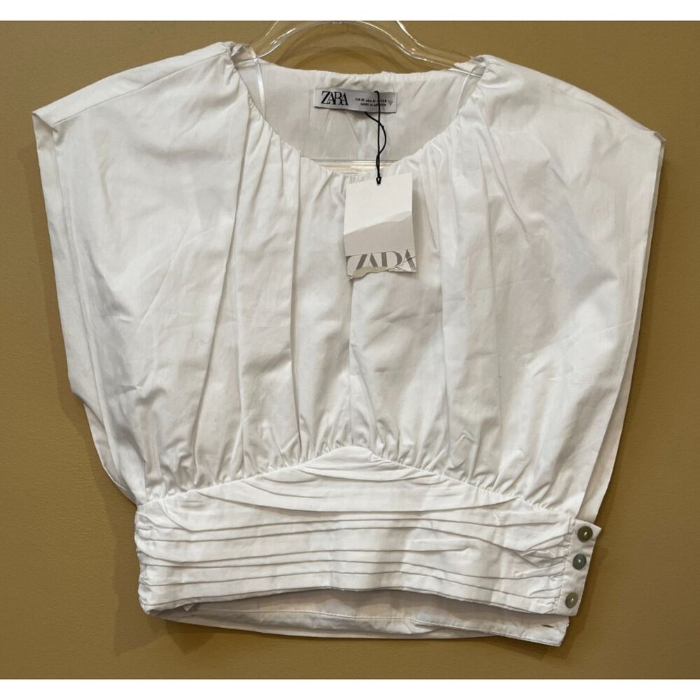 Zara Cropped Top Pleated Sleeveless Round Neck Open Sides Poplin Top White M NEW